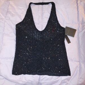 DONNA KARAN Black Sequin Cashmere knit Halter Top 90s NWT $695